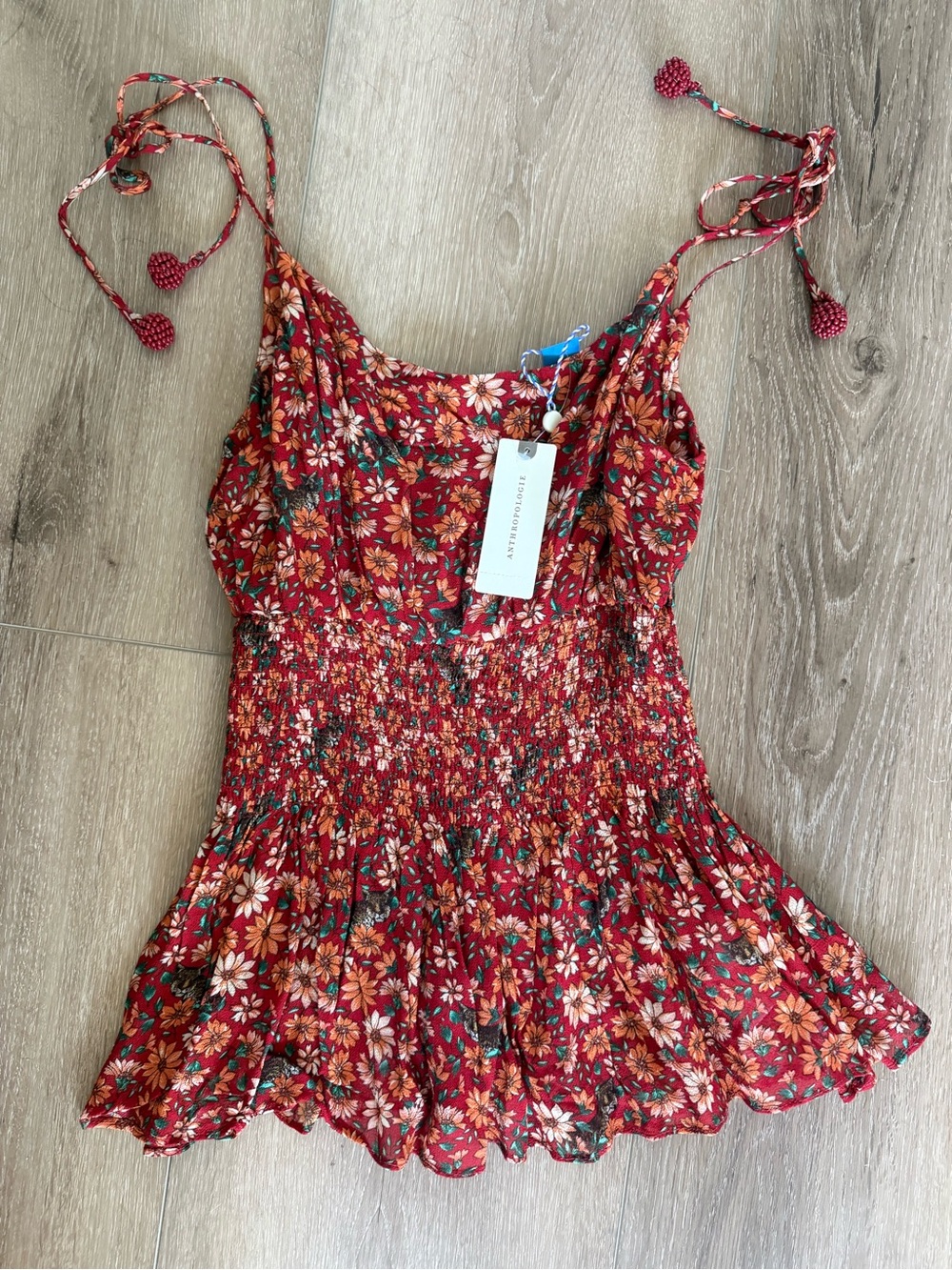 NWT Farm Rio Meg Red Floral Smocked Cami Tank Beaded Tassel Anthropologie XS
